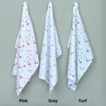 Three hanging towels tiny countryside design in grey turf and gr