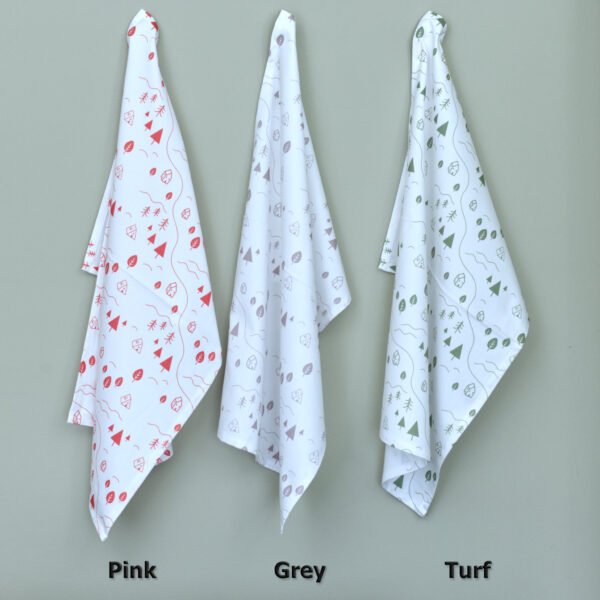 Three hanging towels tiny countryside design in grey turf and gr