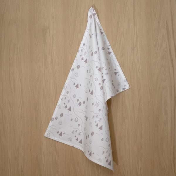 Tiny countryside design hanging tea towel in grey from hem and tassel