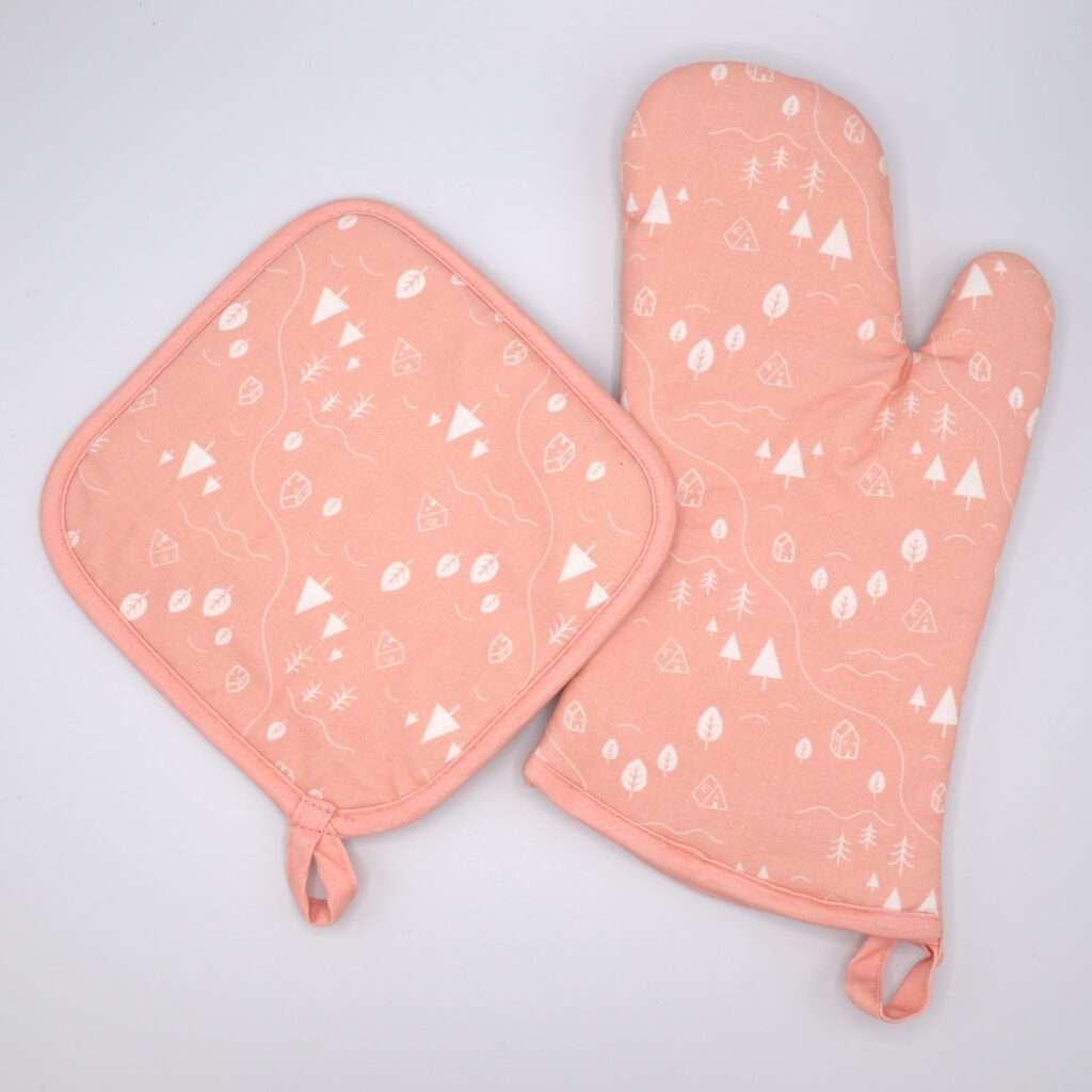 Tiny white tents countryside design mitt and hot pad in blush from hem and tassel