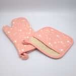 Tiny white tents countryside design mitt and pocketed hot pad in blush from hem and tassel