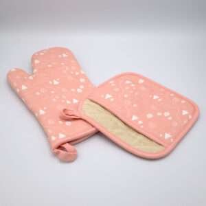 Tiny white tents countryside design mitt and pocketed hot pad in blush from hem and tassel