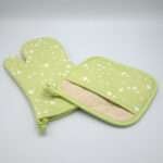 Tiny countryside design mitt and pocketed hot pad in mint from hem and tassel