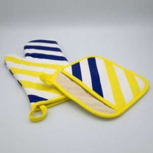 Yellow piano design mitt and pocketed hot pad from hem and tassel