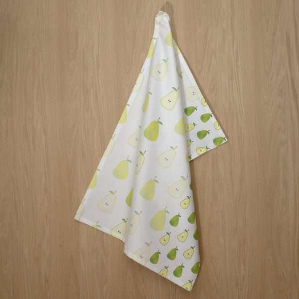 faded pear design hanging tea towel from hem and tassel