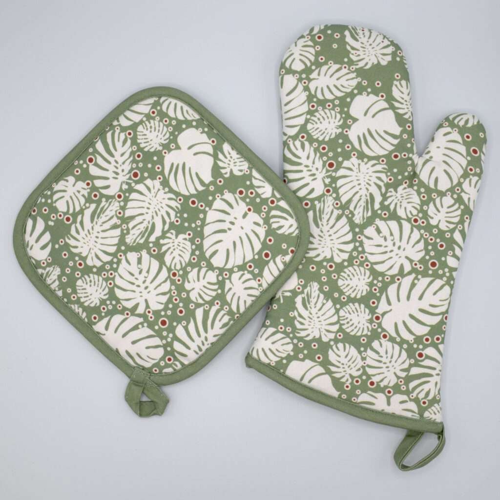 monster-ah design mitt and hot pad in turf. kitchen accessories from hem and tassel