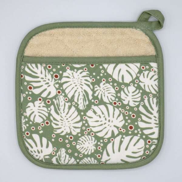 monster ah design pocketed pot holder in turf. kitchen accessories from hem and tassel