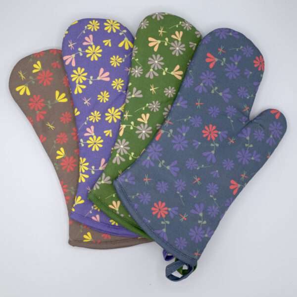 shy dragonfly design oven mitts fanned out from hem and tassel