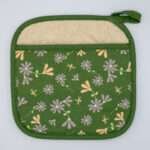 shy dragonfly design pocketed pot holder in green from hem and tassel