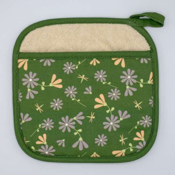 shy dragonfly design pocketed pot holder in green from hem and tassel