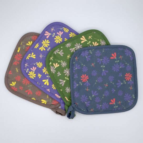 shy dragonfly design pot holders fanned out from hem and tassel