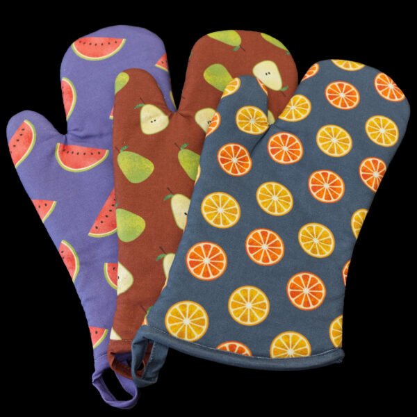 three oven mitts of faded fruit designs