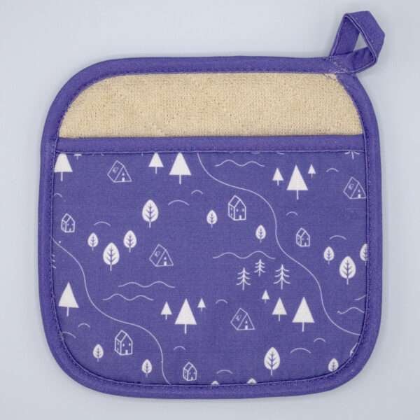 tiny countryside design pocketed pot holder in purple from hem and tassel