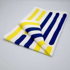 yellow piano V design tea towel folded from hem and tassel