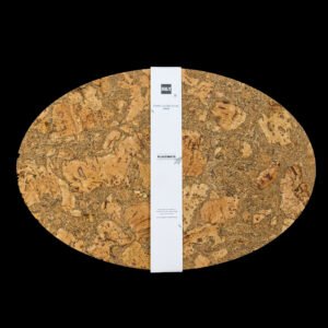 Graphic oval cork placemat seen from top with bandroll