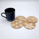 Home by the sea design cork coasters set of four with coffee mug grom hem and tassel