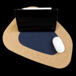 Kidney bean blue cork placemat with ipad and mouse from top