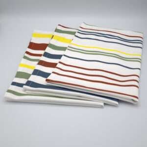 Not straight design set of three bold tea towels folded from hem and tassel