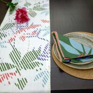Pollen up design Dinner Napkin in pink with blue table runner LS from hem and tassel