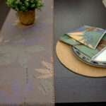 Pollen up design Dinner Napkin in purple with dark table runner LS from hem and tassel