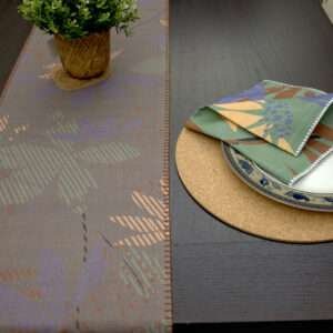 Pollen up design Dinner Napkin in purple with dark table runner LS from hem and tassel