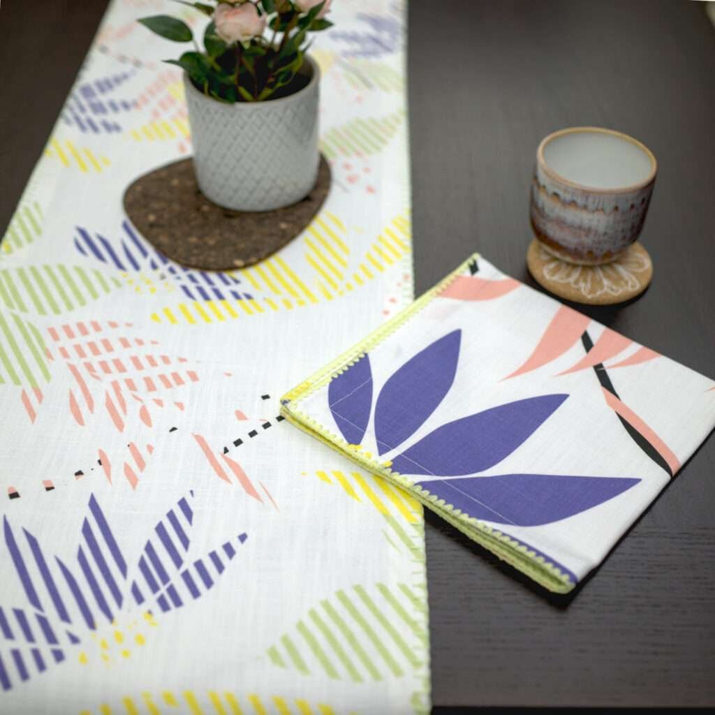 Pollen up design Dinner Napkin in yellow with pastels table runner LS from hem and tassel