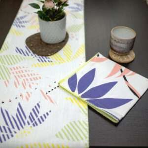 Pollen up design Dinner Napkin in yellow with pastels table runner LS from hem and tassel