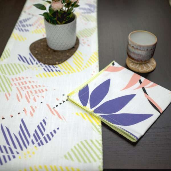Pollen up design Dinner Napkin in yellow with pastels table runner LS from hem and tassel