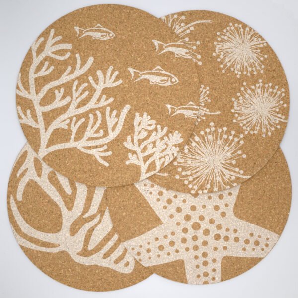 home by the sea design cork set of four placemats fanned out from hem and tassel