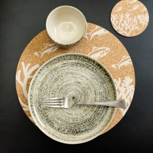 lifestyle image of cork placemat and coaster