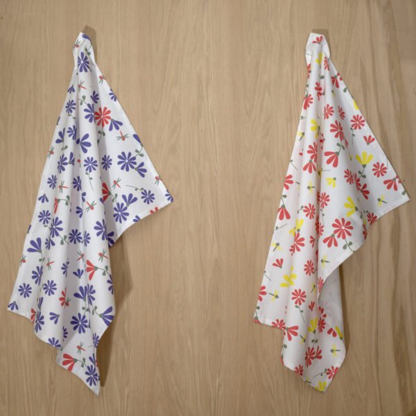 shy dragonfly design two hanging tea towels with pink from hem and tassel
