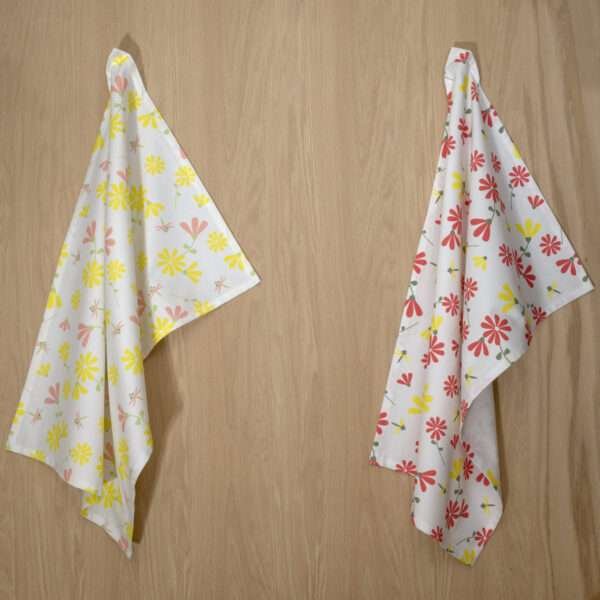 shy dragonfly design two hanging tea towels with yellow from hem and tassel