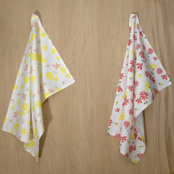 shy dragonfly design two hanging tea towels with yellow from hem and tassel