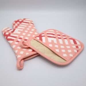 Jute impossible design mitt and pocketed hot pad in blush from hem and tassel