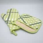 Jute impossible design mitt and pocketed hot pad in mint from hem and tassel