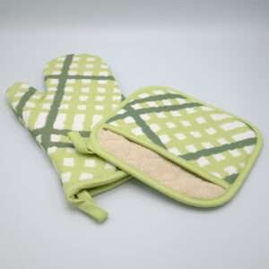 Jute impossible design mitt and pocketed hot pad in mint from hem and tassel