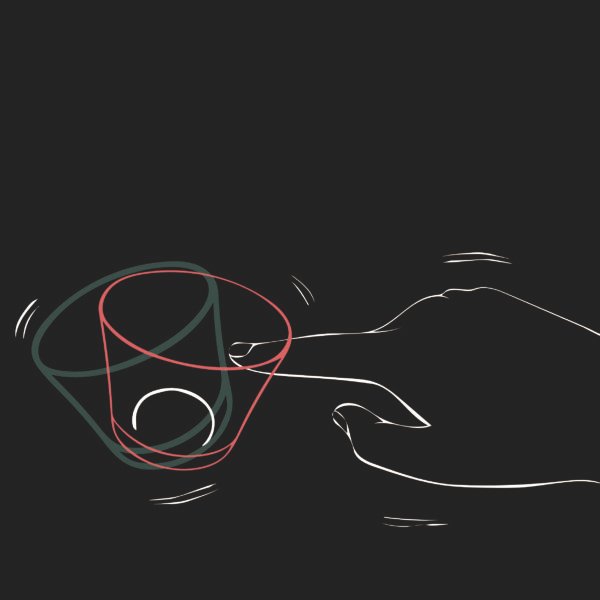 Sketch of tottering whisky glass made in japan from hem and tassel, showing how they may spin around