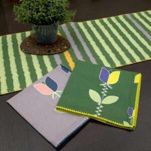 Lip TULIP design Dinner Napkins with melon rough stripes table runner LS from hem and tassel