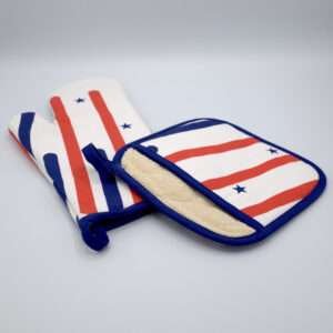 Independence theme Stars and stripes design mitt and pocketed hot pad from hem and tassel