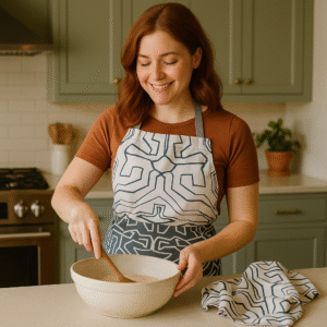 woman in kitchen preparing to bake wearing a squiggles design apron
