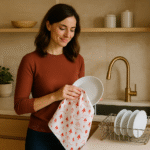 woman wiping dishes at the sink using the tiny countryside tea towels from hem and tassel