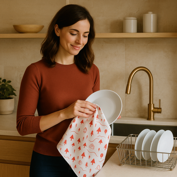 woman wiping dishes at the sink using the tiny countryside tea towels from hem and tassel