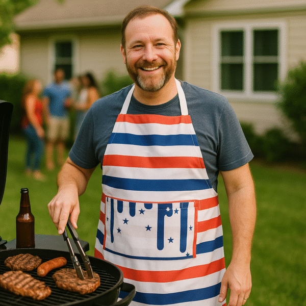 dad flipping patties at the BBQ while wearing the stars and stripes apron as a salute to the flag from hem and tassel