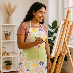 artist painting while wearing the pollen up blush apron from hem and tassel