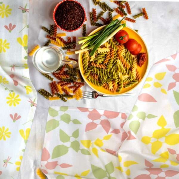 Celebration and shy dragonfly tea towels in mild colors with pasta from hem and tassel