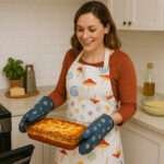 Magic mushroom apron and oven mitts on a lady who has just prepared fresh lasagna from hem and tassel