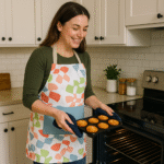 flock and flutter apron on a woman as she bakes in the kitchen