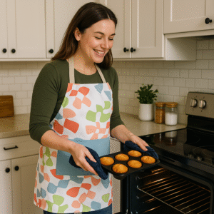 flock and flutter apron on a woman as she bakes in the kitchen