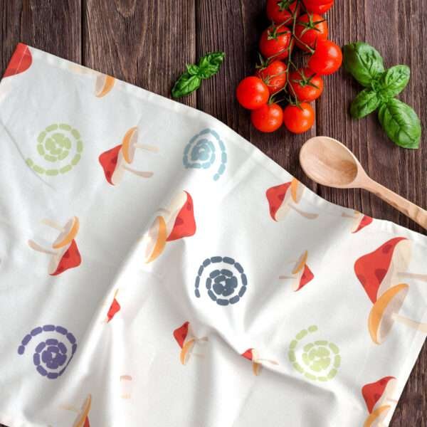 Magic mushroom towels on kitchen counter with tomatoes and basil from hem and tassel