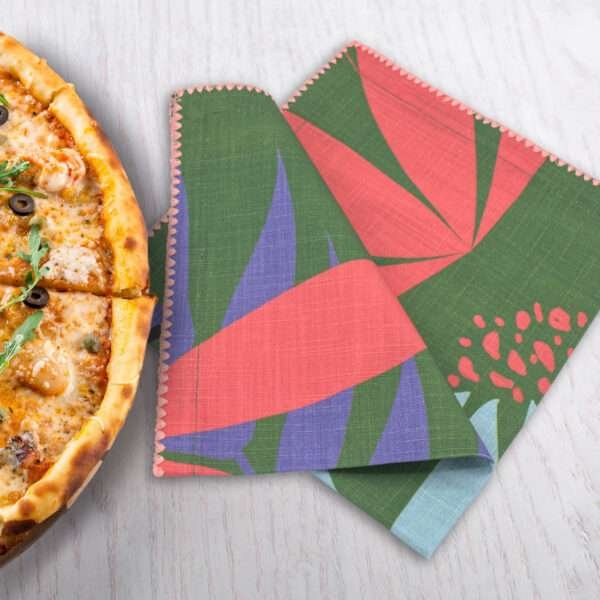 pollen up dinner napkin in pink with pizza